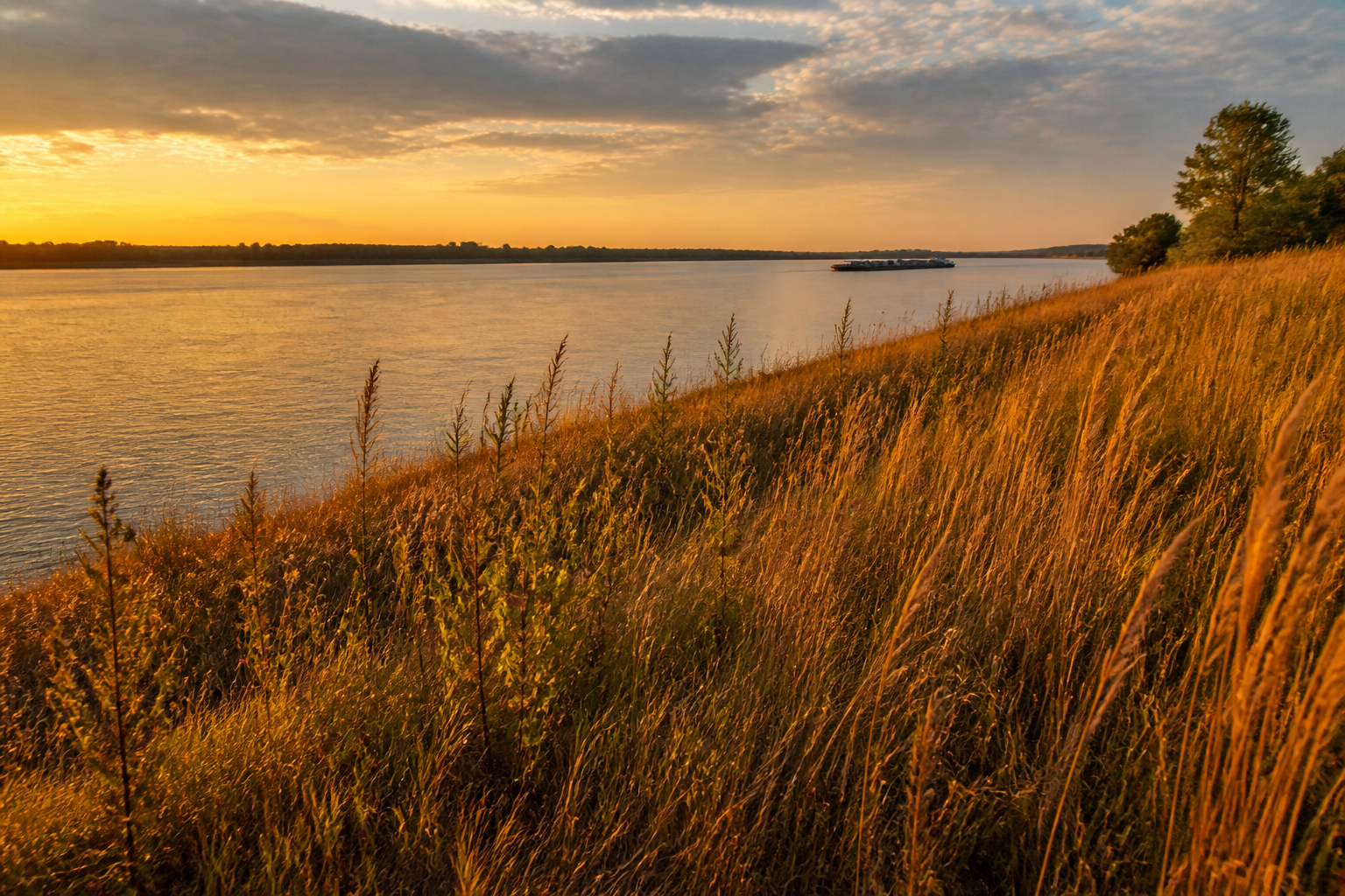 Prairie grasses in gold light beside a wide river.
